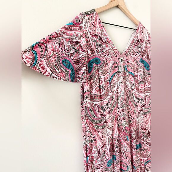 London Times Maxi Dress with Flutter Sleeve in Pink Teal Multi Paisley - Size 1X - Picture 2 of 5